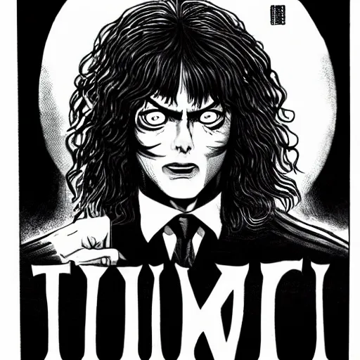 Prompt: black and white Junji Ito illustration of Tommy Wiseau