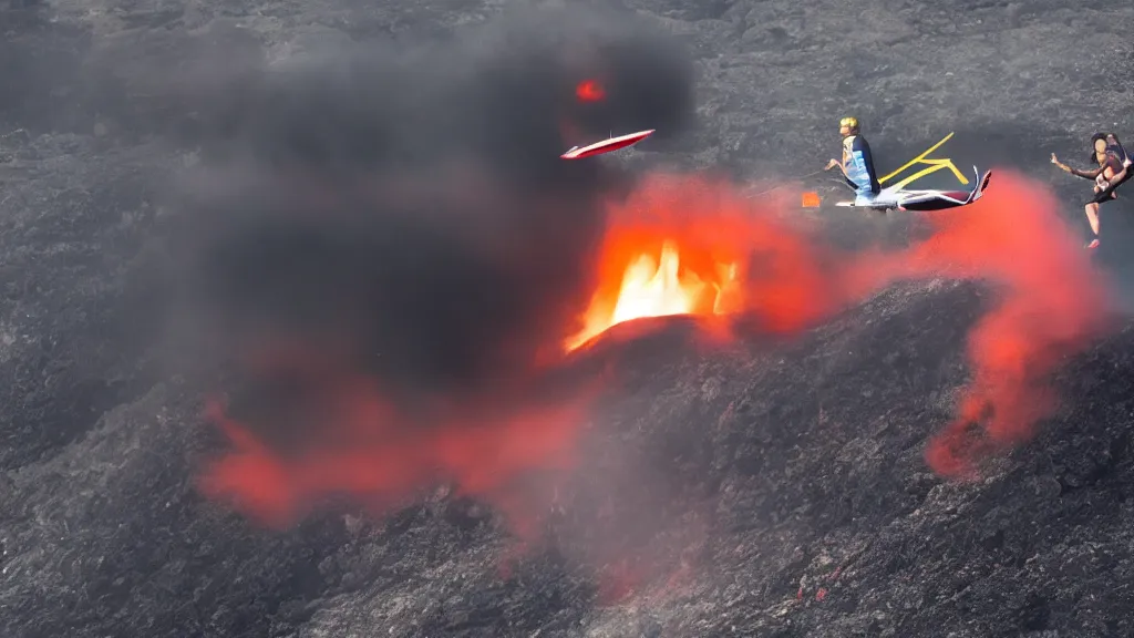 Image similar to person wearing a sponsored team jersey with logos jumping out of a helicopter with a surfboard into a volcano, action shot, dystopian, thick black smoke and fire, sharp focus