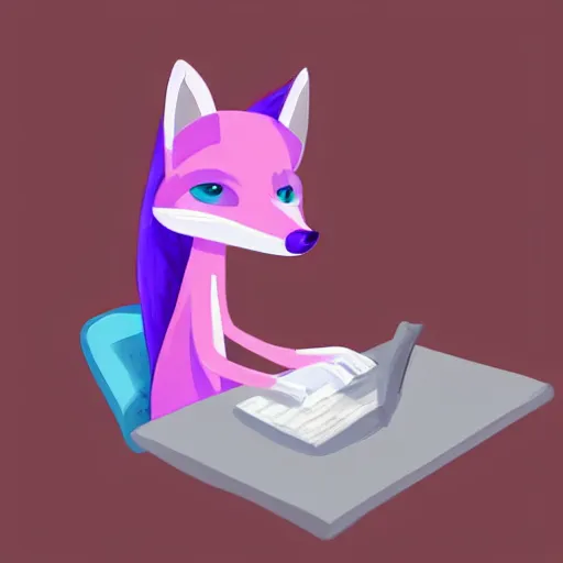 Image similar to A light pink fox with purple hair sits at a desk typing on a laptop with a cup of coffee, digital painting, furry fandom, detailed