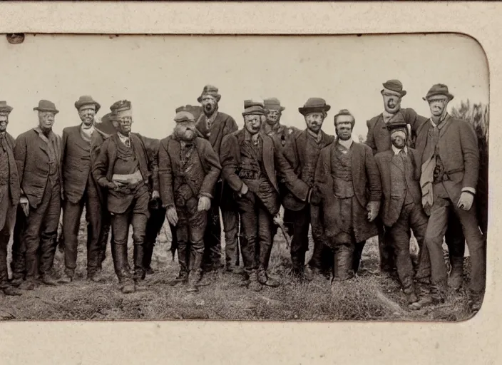 Image similar to tintype photo of a woolly mammoth and a group of men posing with it