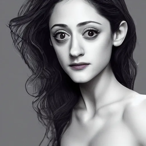 Image similar to Ukrainian Emmy Rossum, realistic, photo studio, HDR, 8k, trending on artstation