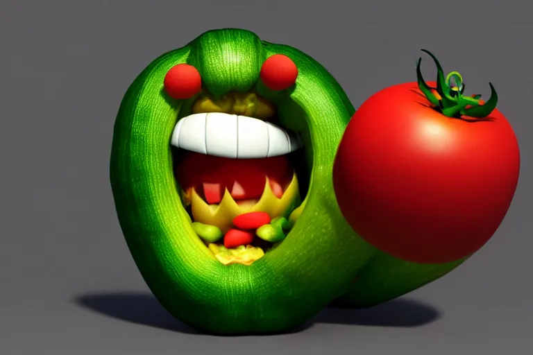 Image similar to detailed 3 d render of a mad zucchini with a long sword chasing after a panicking tomato, hyper realistic octane render, dramatic lighting, high speed chase, wide angle, nightmare, adult pixar surrealism