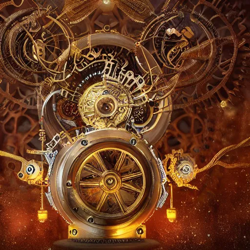 Image similar to complex magic mechanism, time machine flying over the earth, steampunk, indian style, ornament, mechanism leaving, a luminous trail, intricate clockwork, photorealistic rendering, 4 k rendering, intricate details,