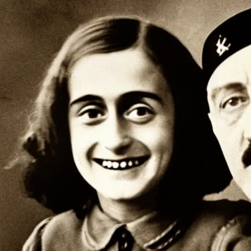 Prompt: Anne Frank and Hitler are a happy couple, colour photo, restored high quality -6