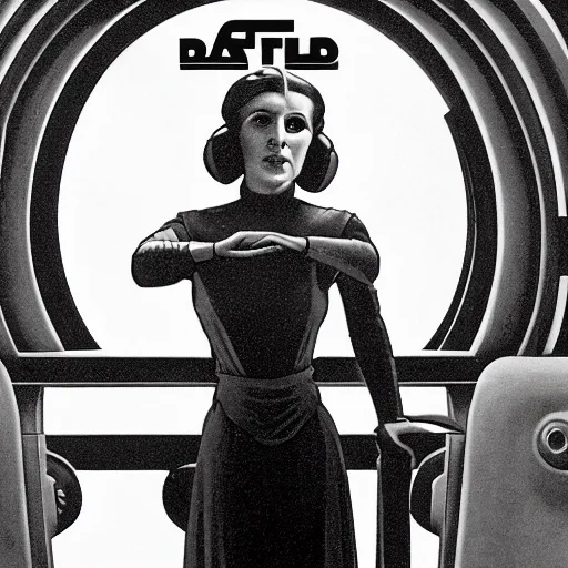 Prompt: princess leia, 1 9 3 0 s goddess, in front of round, art deco death star window, iconic, decorated by fritz lang and ralph mcquarrie, hyperrealistic full figure, by george tooker, fantasy art, intricate detailing, dynamic lighting, artstation, full figure poster, very detailed face, 4 k,