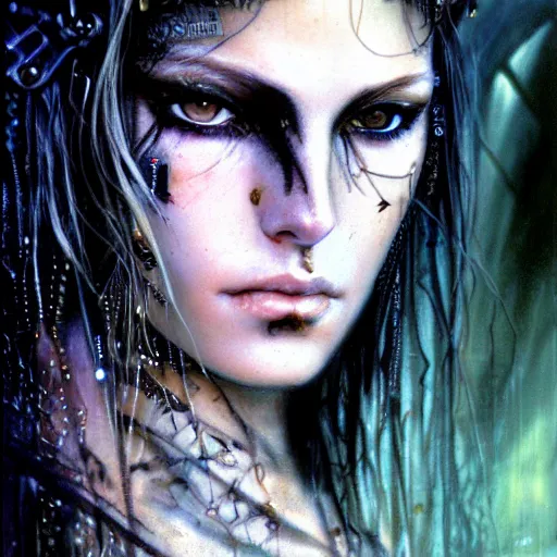 Prompt: an award finning closeup facial portrait by luis royo and john howe of a very beautiful and attractive female bohemian cyberpunk traveller aged 1 9 with green eyes and freckles in clothed in excessively fashionable cyberpunk gear and wearing ornate warpaint