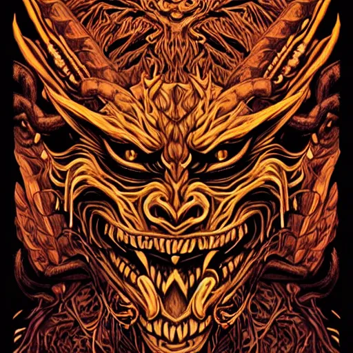 Image similar to barong family member, wiwek, mara demon, one single tribe member, jungle, one single mask, dark, ancient warrior, snake, dragon, devil, satan, diablo, evil, darkness, hell, horns, tribal, inner glow, art by dan mumford and justin gerard