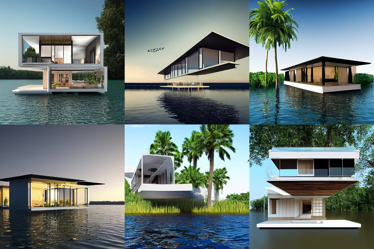 Prompt: “house floating on water, designed by norman foster, realistic 8k render”