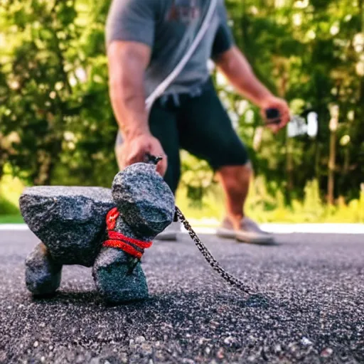 Prompt: the rock walking his pet rock on a leash. he is walking on rocks while rocking to some rock music.