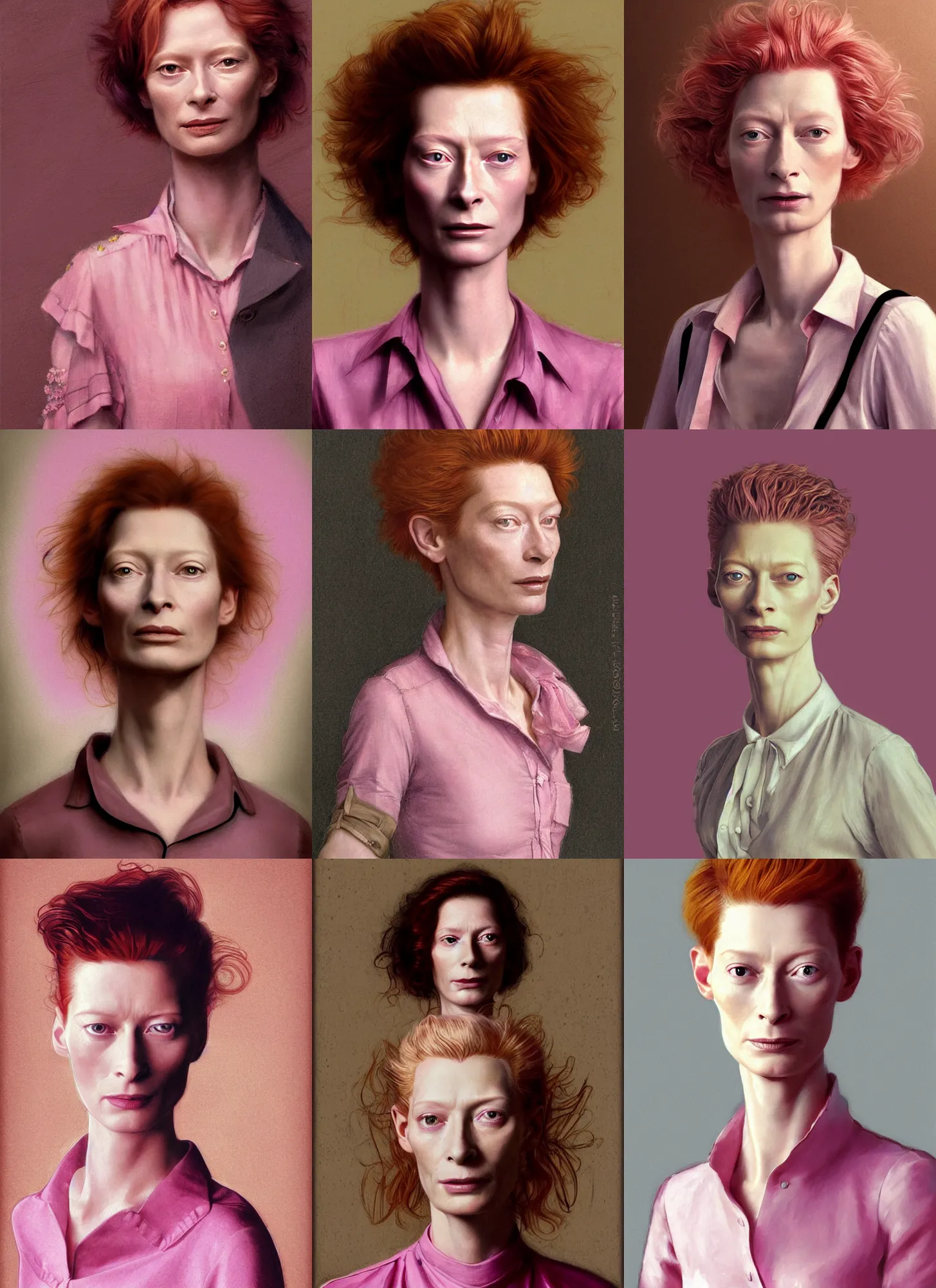 Prompt: portrait of beautiful young tilda swinton as molly ringwald from the breakfast club, wearing a pink short - sleeved blouse and brown pencil skirt, digital art by eugene de blaas, ross tran, and nasreddine dinet, vibrant color scheme, intricately detailed, in the style of romanticism, cinematic, artstation, greg rutkowski