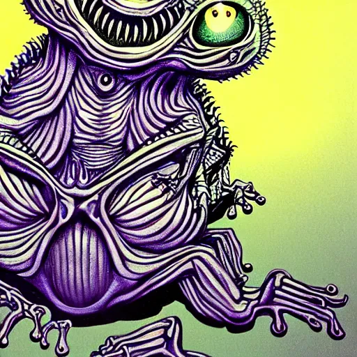 Image similar to closeup of an adorable, eldritch frog abomination of unimaginable horror by h. r. giger and junji ito, speculative evolution, op art with big bold patterns