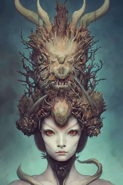 Image similar to a portrait of a devil bio fauna creature by illustrated by miyazaki by karol bak, james jean, tom bagshaw, rococo, sharp focus,, animal, creature design trending on artstation, cinematic lighting, hyper realism, octane render, 8 k, hyper detailed, vivid, ultra detailed, highly detailed