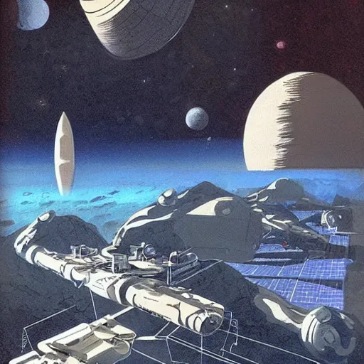 Prompt: marsian space colony, 8 0 s scifi style, by bonestell, chesley