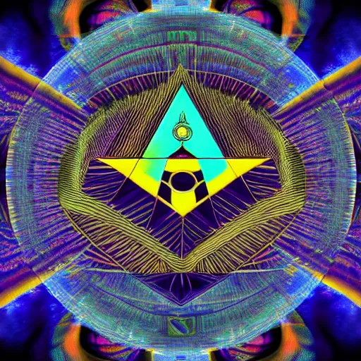 Image similar to Psychedelic Inter-dimensional freemasonic occultic chequered trippy dreamscape in the style of a photo-realistic album cover ( Digital art unreal engine, 3d highly detailed, 8k, UHD, fantasy, dream, otherworldly, bizzare, spirals, colourful, vivid)