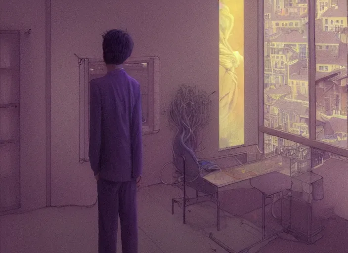 Image similar to portrait of man outside office building with ghost, cynical realism, painterly, yoshitaka amano, miles johnston, moebius, beautiful lighting, miles johnston, klimt, tendrils, in the style of, louise zhang, victor charreton, james jean, two figures, terrence malick screenshots, ghibli screenshot