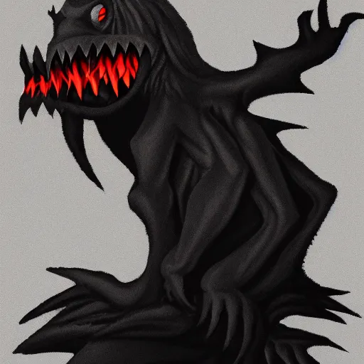 Prompt: a nightmarish creature made of shadows and teeth.