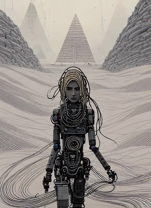 Prompt: highly detailed portrait of a robotic cyborg long curly white hair nomadic tribal lady, stray wiring by atey ghailan, james gilleard, by joe fenton, by greg rutkowski, by greg tocchini, by kaethe butcher, 4 k resolution, gradient yellow, black and white color scheme!!! ( ( robotic sandstorm robotic pyramid landscape background ) )