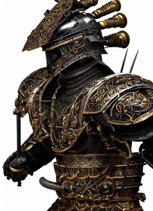 Image similar to hyper realistic glorious ancient samurai in a obsidian metal armor, futuristic design, designed by makoto kobayashi and luca zampriolo, portrait, cyberpunk style, wood and gold details, intricate, extremely detailed, ornate, deep of field, hard surface, exoskeleton, substance designer metal unreal engine. amazing likeness. very detailed.