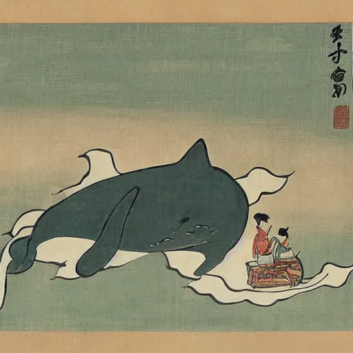 Prompt: dogs riding on the back of a whale in the middle of the ocean, Edo Period Japanese Art, award-winning art