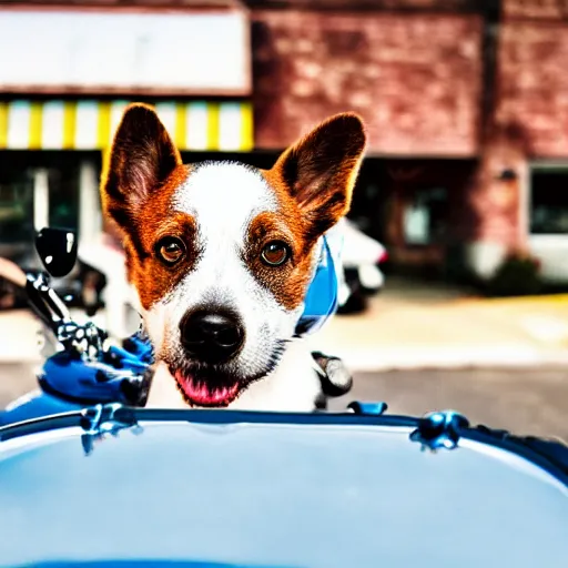 Image similar to blue heeler dog on a motorcycle, 8 k photography, blurred background of a wafflehouse