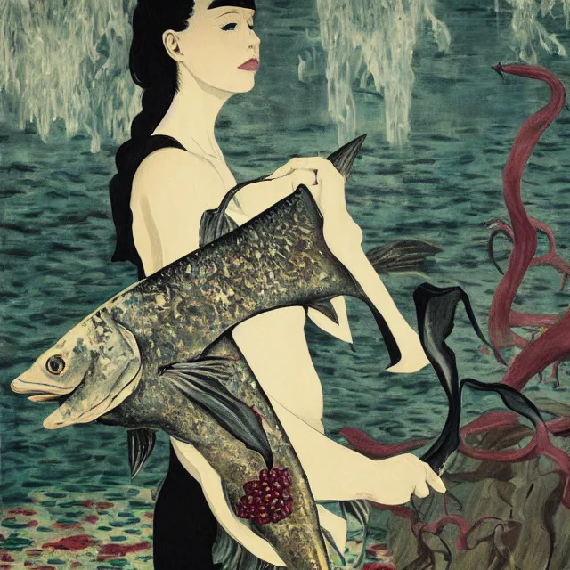 Prompt: tall emo female artist holding a large fish in her flooded kitchen, seaweed, pomegranates, octopus, water gushing from ceiling, painting of flood inside an artist's apartment, a river flooding indoors, ikebana, zen, rapids, waterfall, black swans, canoe, berries, acrylic on canvas, surrealist, by magritte and monet