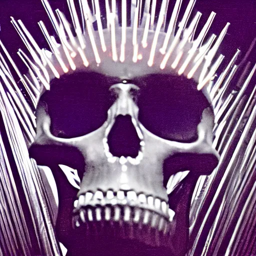 Prompt: a grainy film still of a low poly disco skull full of long spikes, reflecting light in a nightclub, grainy film photograph