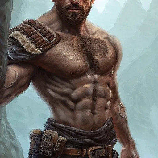 Image similar to portrait of a rugged ranger, muscular, upper body, hairy torso, D&D, fantasy, intricate, elegant, highly detailed, digital painting, artstation, concept art, smooth, sharp focus, illustration, art by artgerm