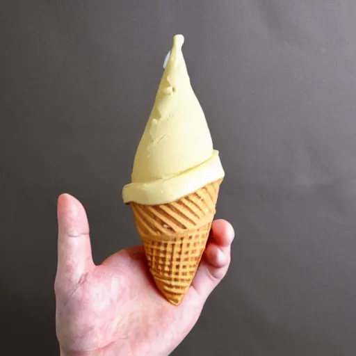 Image similar to a human hand sculpted from ice cream with a cone for an arm