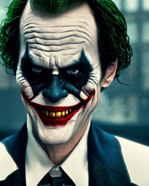 Prompt: a movie still of Batman starring Willem Dafoe as the Joker smiling, 8k, Technicolor, telephoto lens, detailed skin, detailed realistic eyes, medium shot, mid-shot