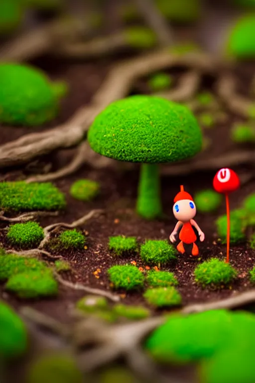 Prompt: claymation nintendo's pikmin on a forest floor, tilt shift photography