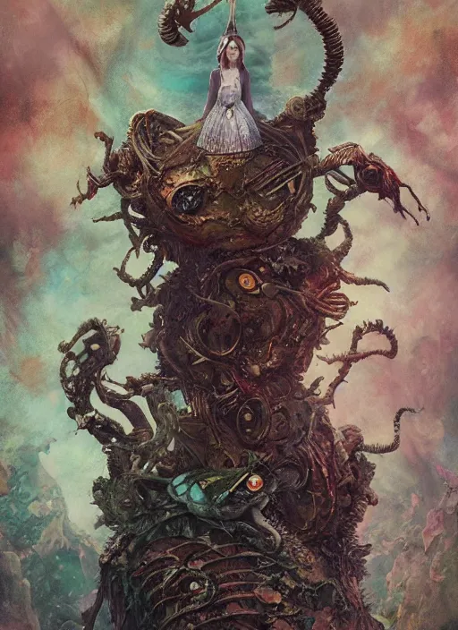 Image similar to Alice in Wonderland catepillar hanged man Tarot card,highly detailed,cinematic,8k,by Stanley Artgermm,Tom Bagshaw,Greg Rutkowski,Carne Griffiths, Ayami Kojima, Beksinski, Giger,trending on DeviantArt,hyper detailed,horror, full of colour