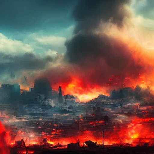 Image similar to destroyed city, landscape, dystopian, war, real, bright blue smoke, red clouds, detailed, award winning, masterpiece