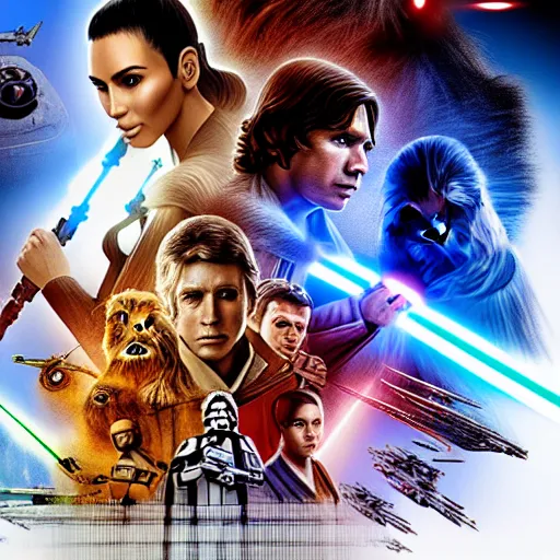 Prompt: super detailed star wars movie poster with Jesus Christ and kim kardashian, 8k full HD photo, cinematic lighting, anatomically correct, oscar award winning, action filled, correct eye placement,