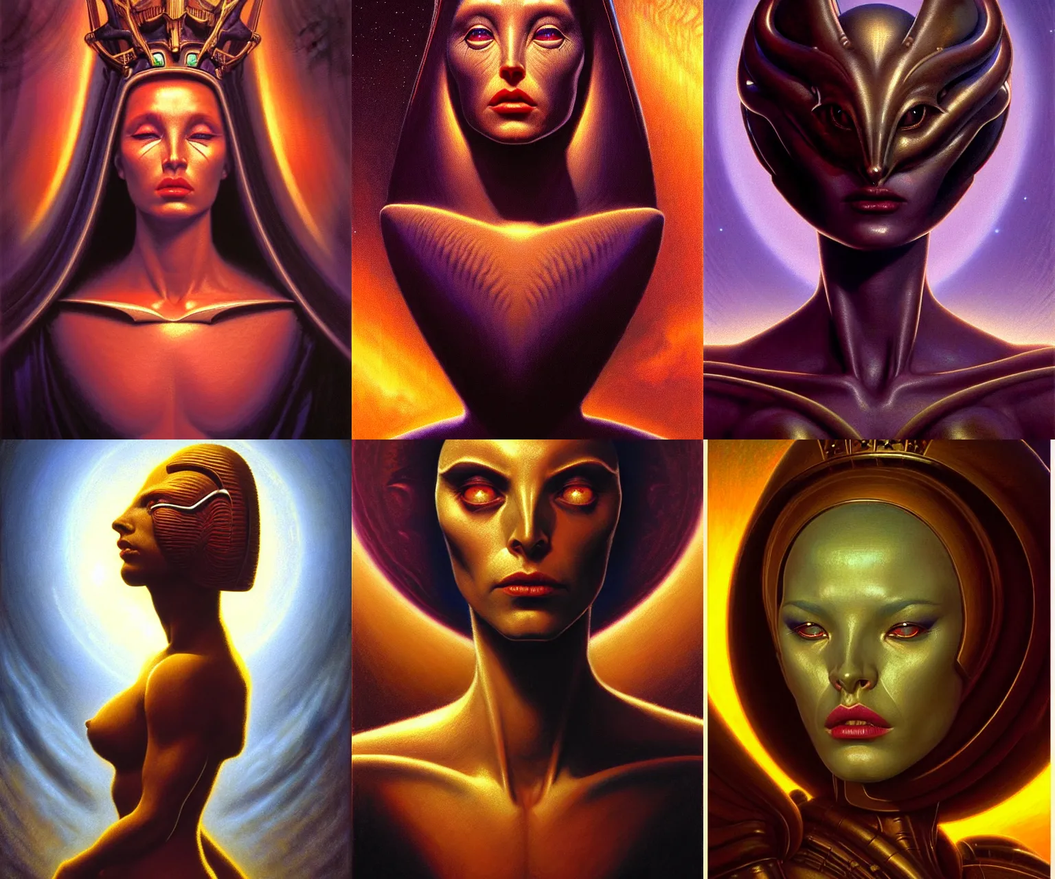 Prompt: cinematic bust portrait of elegant female extraterrestial queen, head and chest only, exotic alien features, big lips, Tim Hildebrandt, Wayne Barlowe, Bruce Pennington, donato giancola, brian froud, oil on canvas, masterpiece, trending on artstation, featured on pixiv, cinematic composition, dramatic pose, beautiful lighting, sharp, details, hyper-detailed, HD, HDR, 4K, 8K