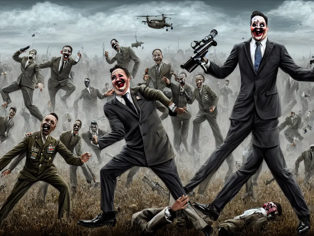 Prompt: one Comedian in suit and tie performing in a battle-field with dead bodies on the ground, comedian is funny, performing to dead soldiers, nuclear bomb in far horizon, apocalypse, trending on artstation, artstationHD, hyperdetailed matte painting, highly detailed, digital painting, hyper-realistic, realistic, photo-realistic
