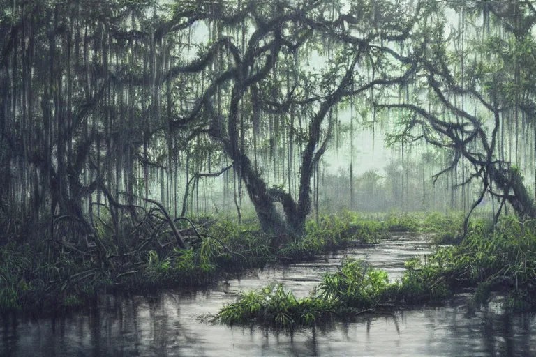 Image similar to hyperrealism oil painting, scene from louisiana swamps, spaceship sank, hemp garden, true detective, artwork 8 0 s japanese sci - fi books art