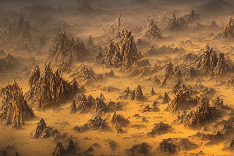 Image similar to high aerial shot, fantasy landscape, sunset lighting ominous shadows, cinematic fantasy painting, dungeons and dragons, barren dry land, desert valley of bones, sand dunes, cracked mud, dry river bed, rock outcroppings, autumn maple bonsai, by jessica rossier and brian froud and hr giger