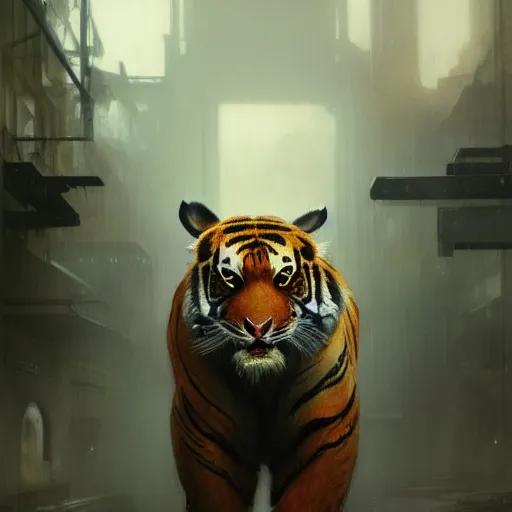 Image similar to hyperrealistic portrait of an athropomorphic tiger wearing military clothes, bladerunner street, art of elysium by jeremy mann and alphonse mucha, fantasy art, photo realistic, dynamic lighting, artstation, poster, volumetric lighting, very detailed face, 4 k, award winning, cinematic lighting, deviantart, artstation, cg society