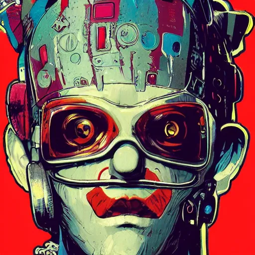 Prompt: cyberpunk clown cyborg portrait, illustration, pop art, splash painting, art by geof darrow, ashley wood, alphonse mucha, makoto shinkai