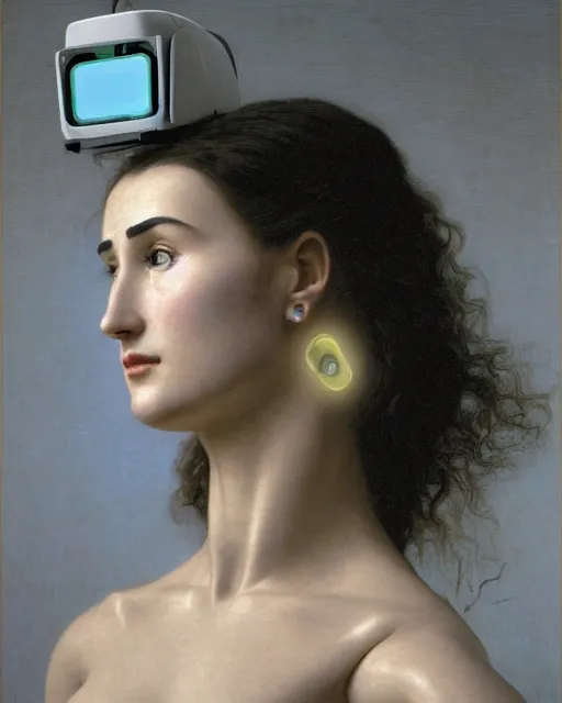 Image similar to portrait of blissed out young demi moore as a solarpunk mecha humanoid robotic parts with bright led lights, real human face, pudica pose gesture, by bouguereau, in white room, ultra - realistic and intricate, portrait shot 8 k