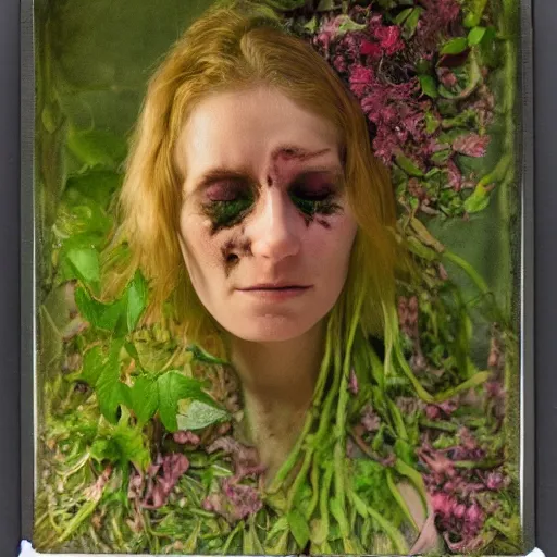 Image similar to a beautiful detailed front view portrait of a rotten woman corpse with plants and fractal flowers growing around, volumetric light, beautiful lit, polaroid photography