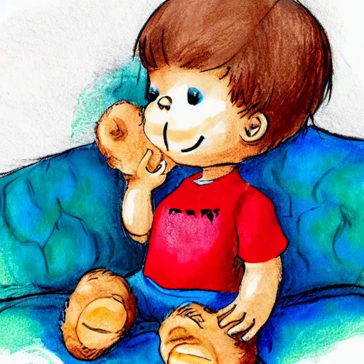 Prompt: little kid with red shirt in his room holding teddy bear in style ofwater colors illustration