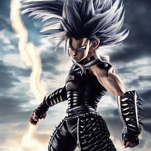 Image similar to warrior girl, muscular girl, wild spiky black saiyan hair, long spiky hair, electrified hair, wearing chrome silver armor and black spandex pants, ultra realistic, intricate details, highly detailed, subsurface scattering, photorealistic, octane render, 8 k, art by artgerm, greg rutkowski, magali villeneuve, alphonse mucha