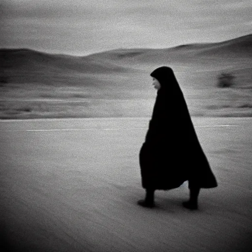 Image similar to A woman with a black cloak is riding a dark horse from distance, Kodak TRI-X 400, dark mood, melancholic