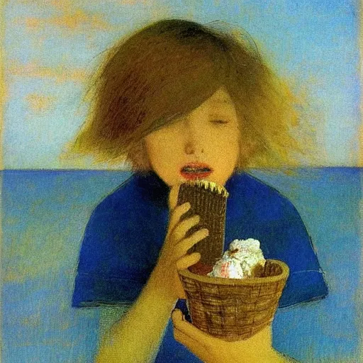 Prompt: pretty child eating ice cream on the beach, long hair flying becouse wind, by odilon redon