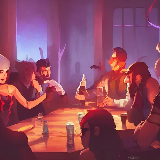 Image similar to a party of d & d characters drinking in a tavern, ambient lighting, 4 k, lois van baarle, ilya kuvshinov, rossdraws, erol otus, artstation