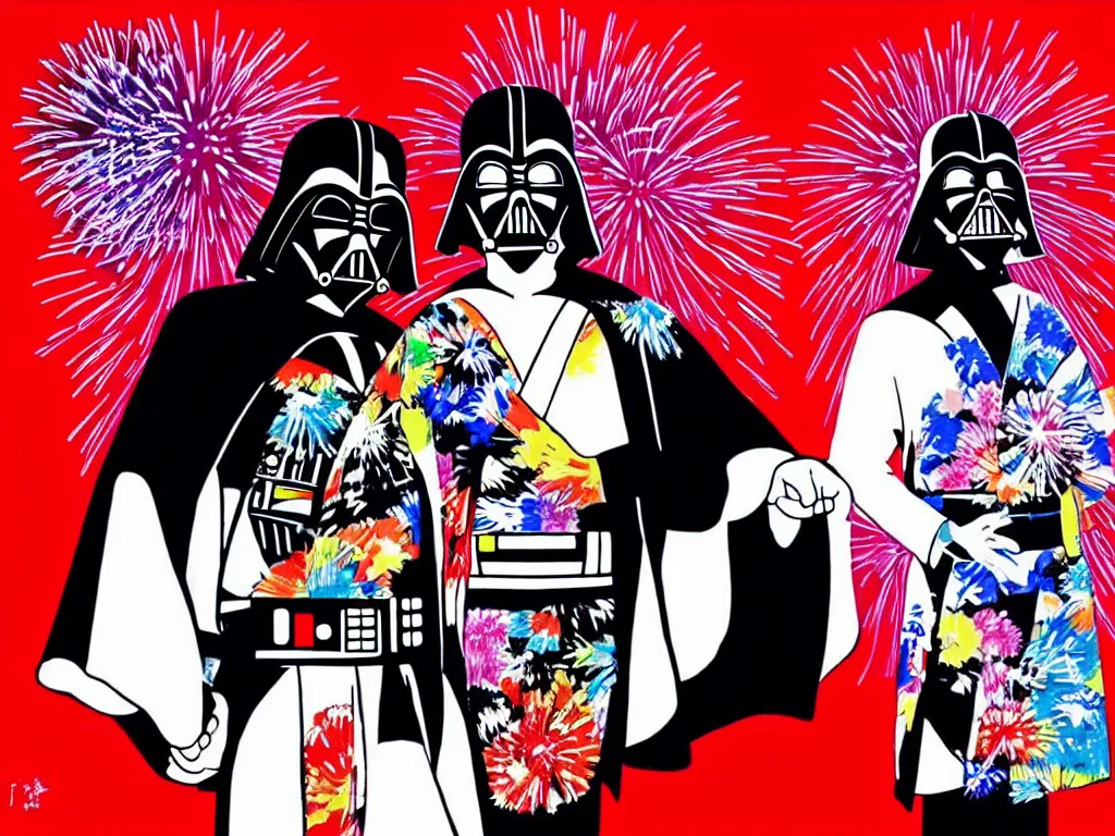 Prompt: hyperrealistic composition, in the middle the woman in a japanese kimono, behind her stands the darth vader, in front of her a table from the casino, in the background is ( ( mount fuji ) ) and fireworks, pop - art style, jacky tsai style, andy warhol style, acrylic on canvas