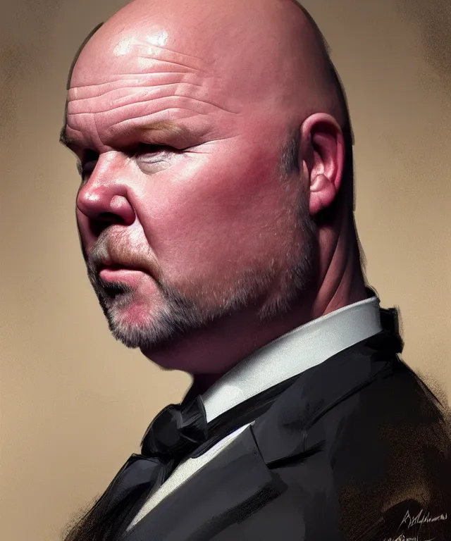 Prompt: Phil Mitchell, grimacing, portrait, face, intricate, elegant, highly detailed, digital painting, artstation, concept art, smooth, sharp focus, illustration, art by artgerm and greg rutkowski and alphonse mucha