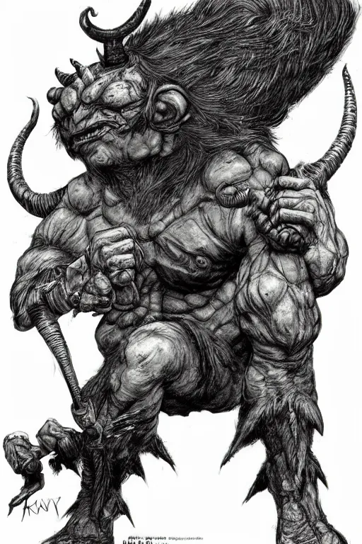 Image similar to hunched troll with a horn on his head, fantasy, highly detailed, digital art, sharp focus, trending on art station, kentaro miura manga art style