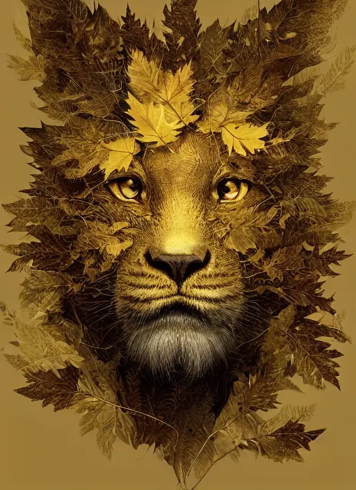 Image similar to golden leaves at frame border, creative!!! composition for a book cover, absurdly beautiful, ultrafine hyperrealistic detailed animal face by wlop and artgerm and greg rutkowski, intricate linework, sharp focus, smooth, octopath traveler, final fantasy, unreal engine, dramatic lighting, ethereal, 8 k